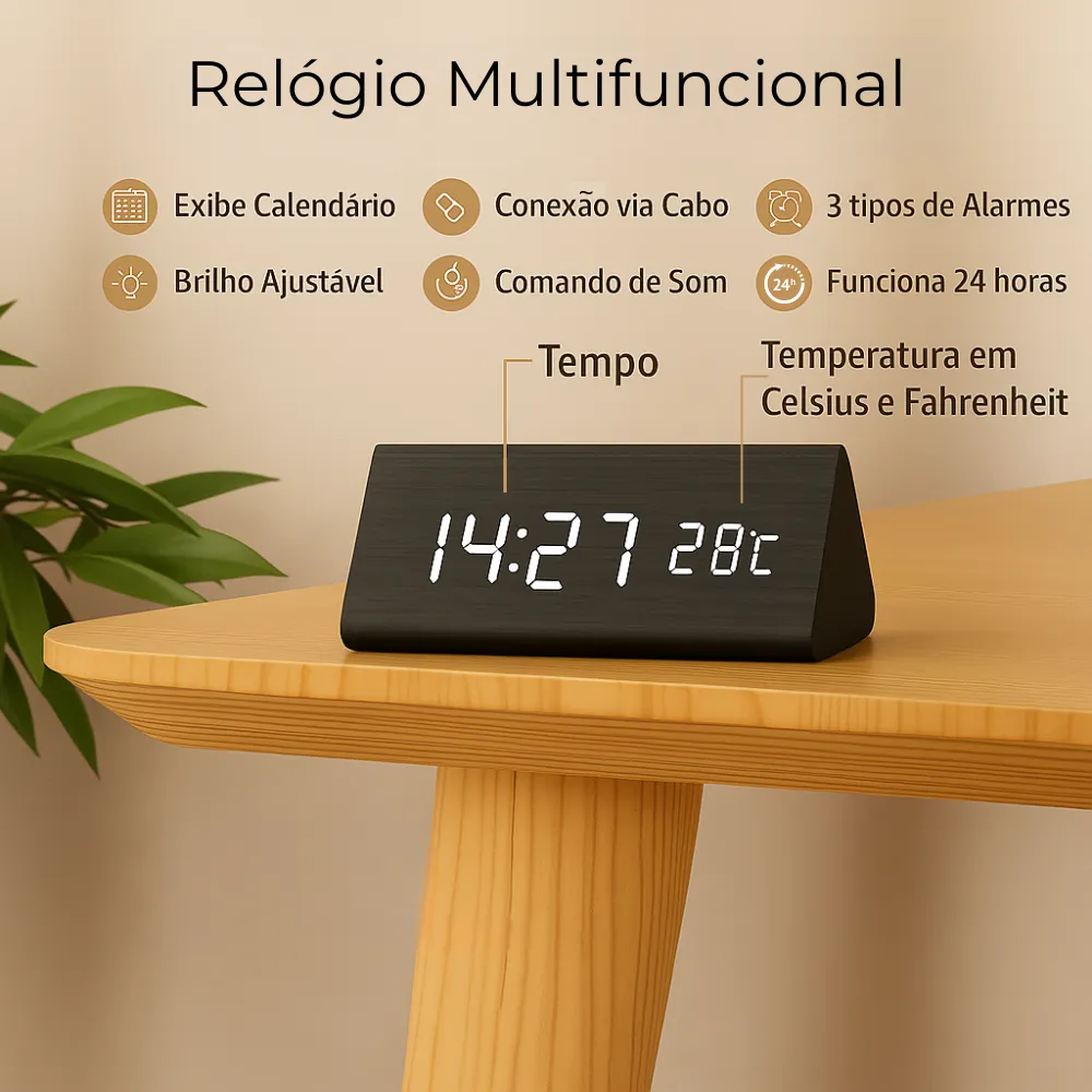 Relógio Digital de Mesa Despertador LED Triangular - Image 7